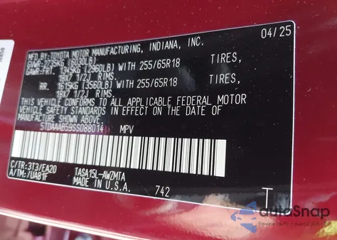 2025 Toyota Grand Highlander Xle z USA, uszkodzony, nr VIN 5TDAAAB59SS088014